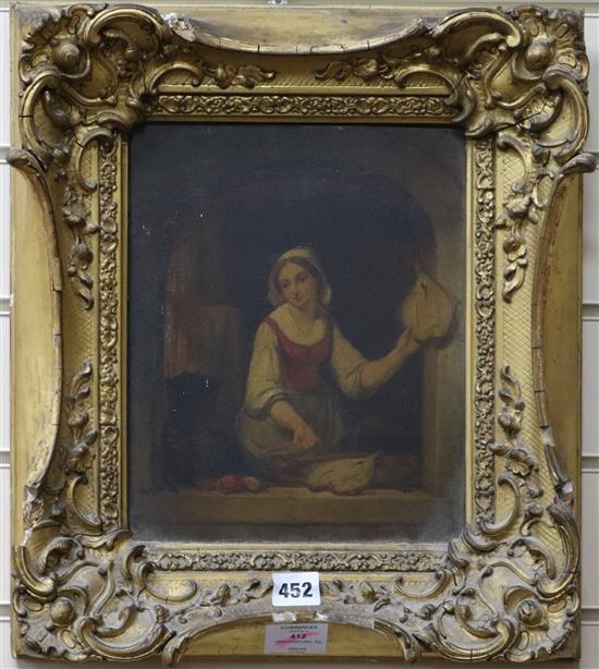 19th century English School, oil on wooden panel, study of a fish seller, 27 x 23cm